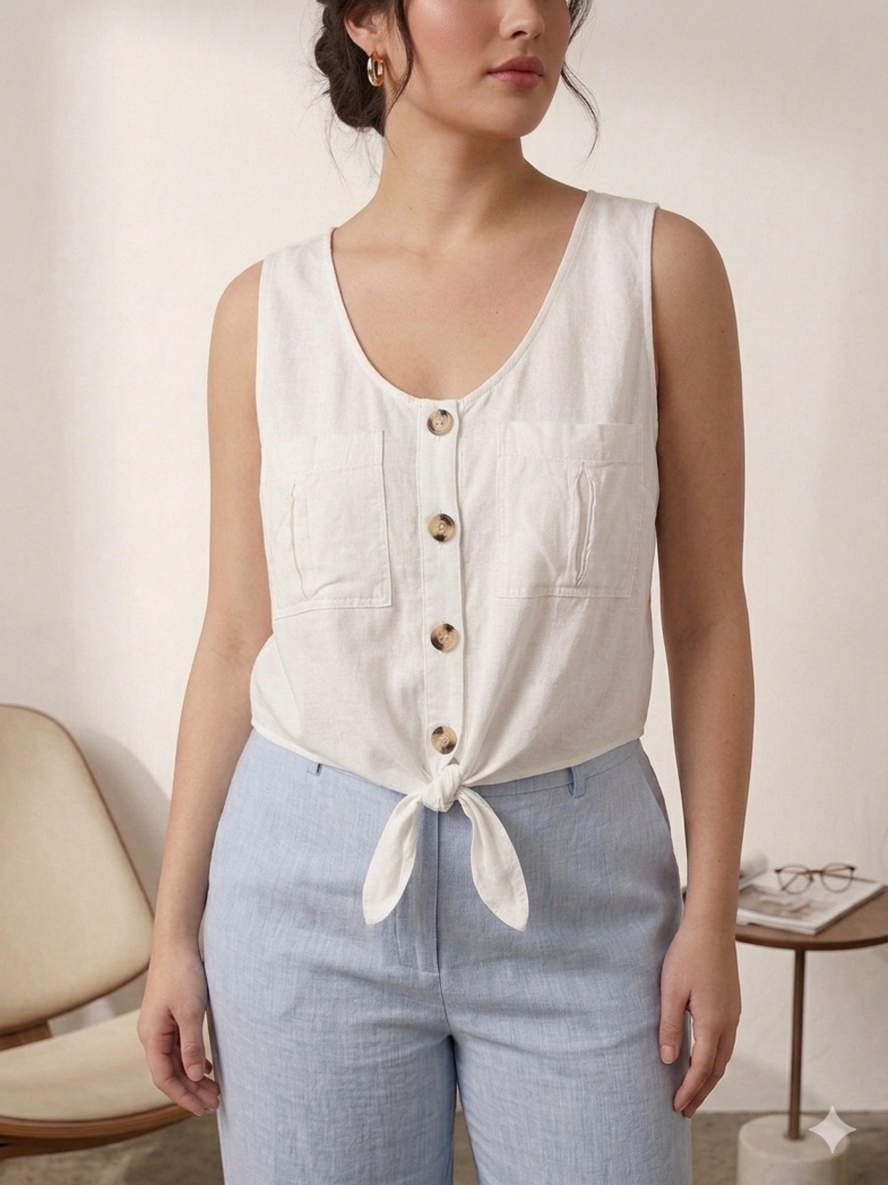 Dex White Button-Front Tie-Hem Sleeveless - Size L